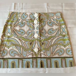 J Crew Trastevere Green Paisley Big Button Mini Skirt 70’s Inspired